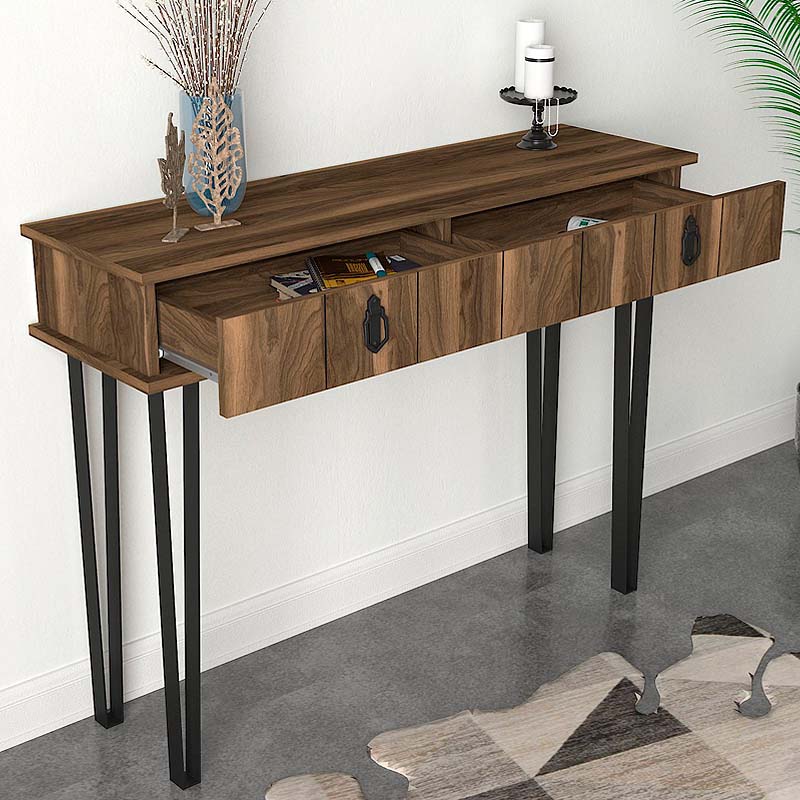 Console Table GARNI in walnut finish, featuring a large drawer and metal legs, ideal for home or office use.